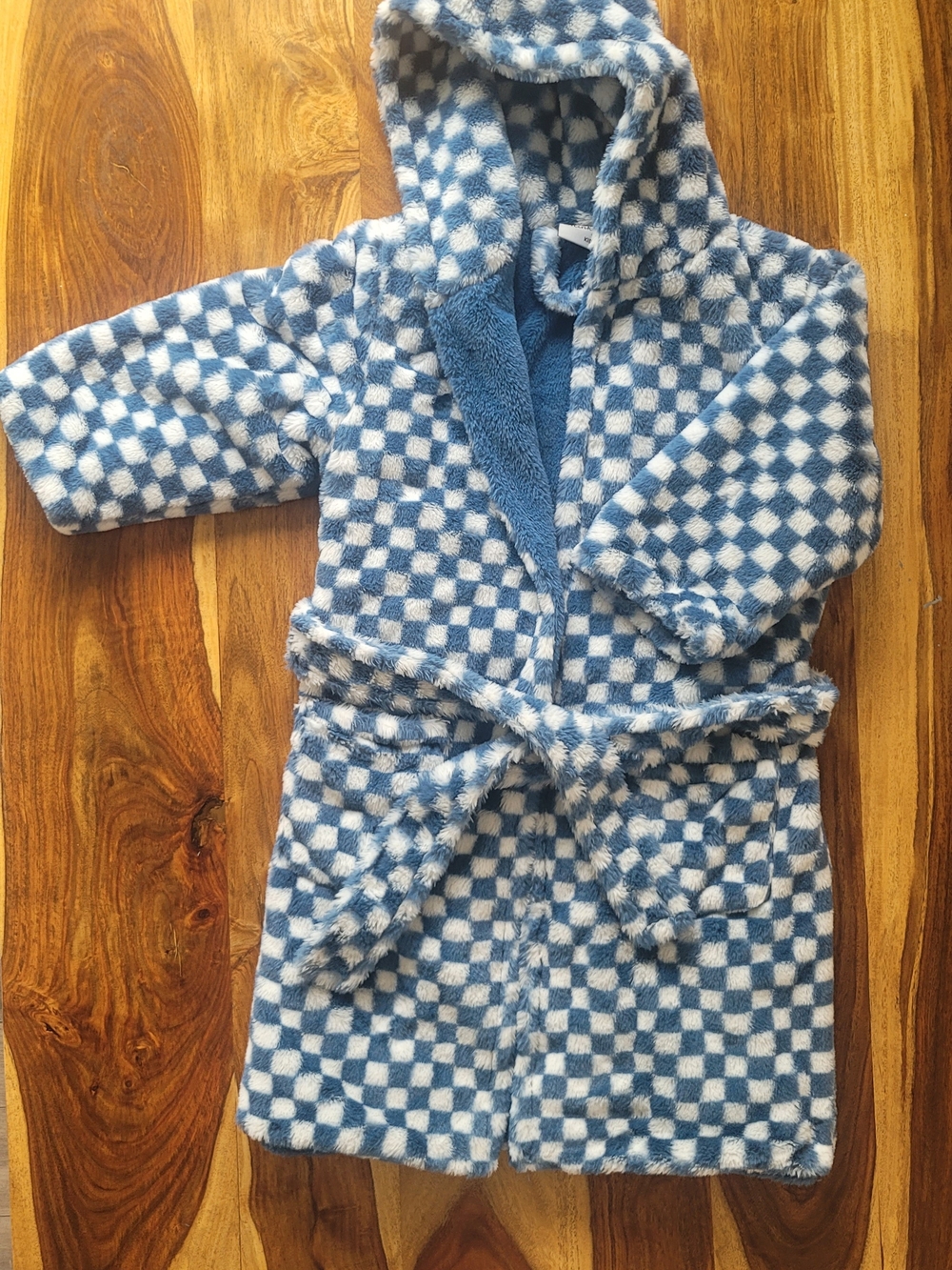 Minky Plush Hooded Kids Bathrobe in Blue Check